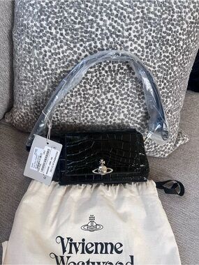 Vivienne Westwood Authentic Black Croc-Small Hazel Embossed Shoulder Bag